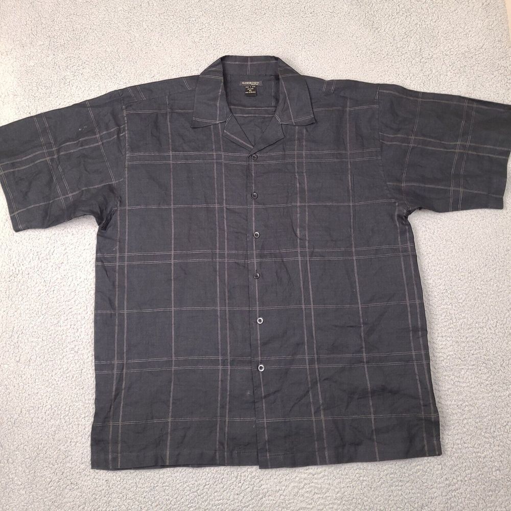 Godbody Collection‎ Shirt Mens XL Black Plaid Linen Oversized Button Up Camp